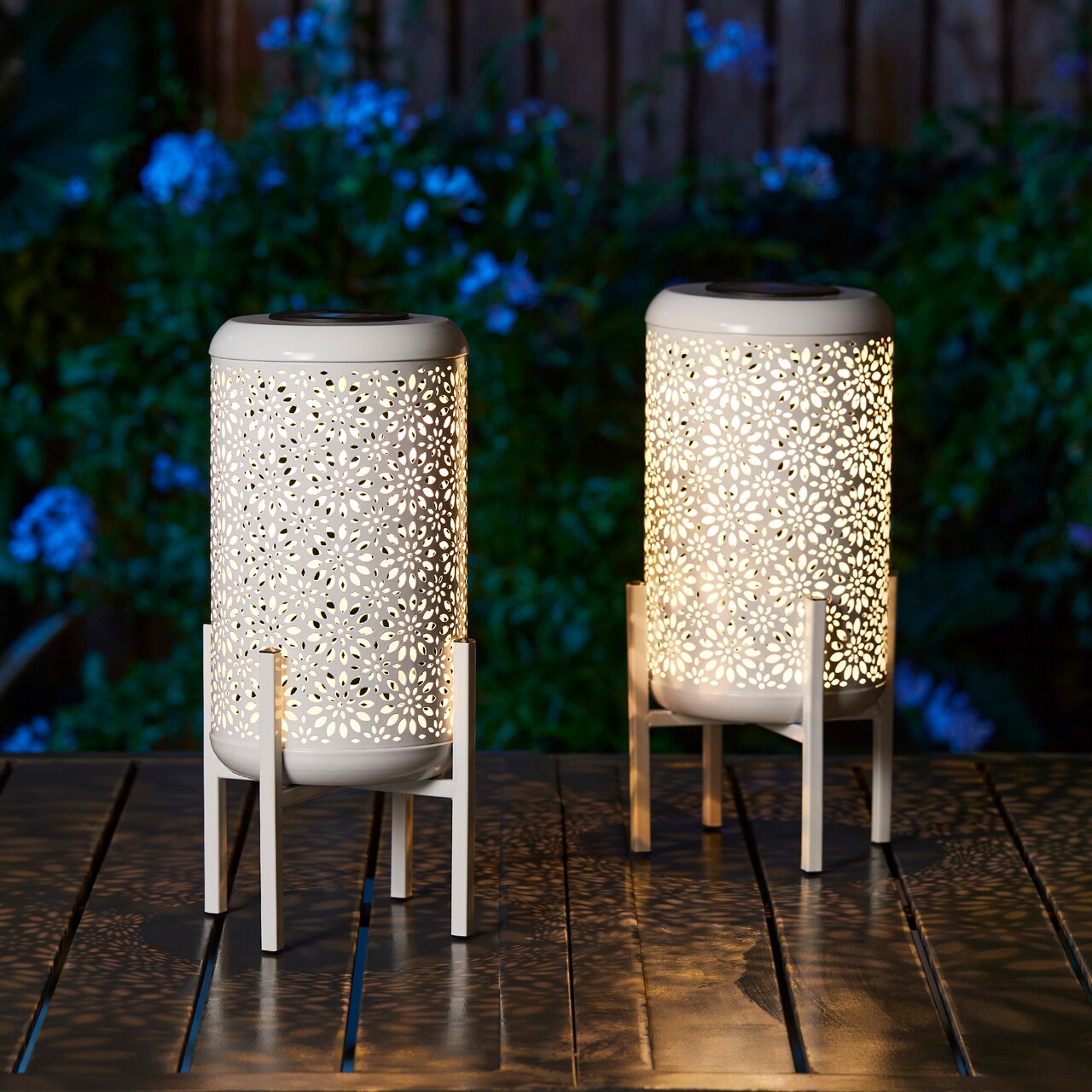 Set of 2 14.25"H Metal Cutout Flower Pattern Solar Powered LED Outdoor Lantern with Stand